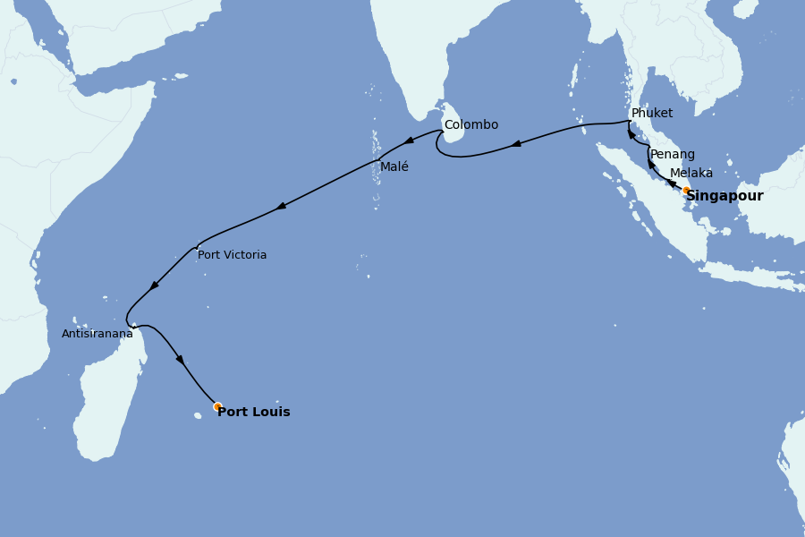 Itinerario del crucero Mauricio, Reunión, Seychelles, Madagascar 17 días a bordo del Seven Seas Mariner