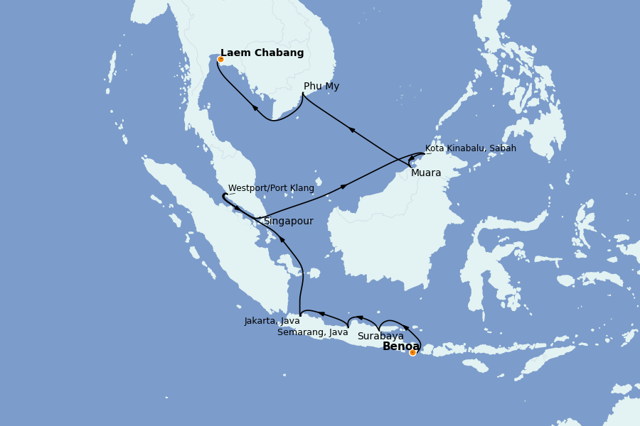 Itinéraire de la croisière Thaïlande, (Bali) Indonésie, Malaisie, Singapour, Vietnam, Birmanie, Philippines 14 jours à bord du Seven Seas Explorer