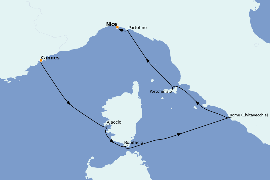 Itinerario del crucero Mediterráneo 8 días a bordo del Le Dumont d'Urville