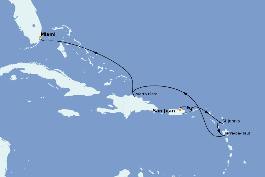Itinéraire de la croisière Caraïbes de l'Est (Antilles) 7 jours à bord du Explora III