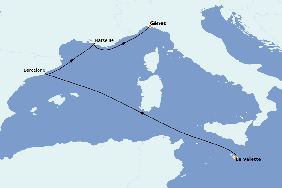 Itinéraire de la croisière Méditerranée Occidentale 4 jours à bord du MSC World Europa