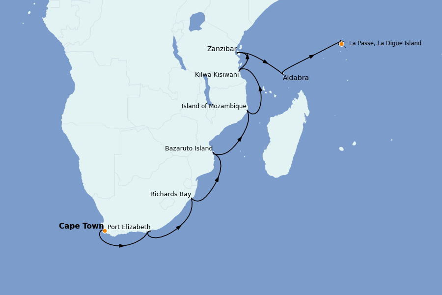 Itinerario del crucero África 20 días a bordo del Silver Cloud Expedition
