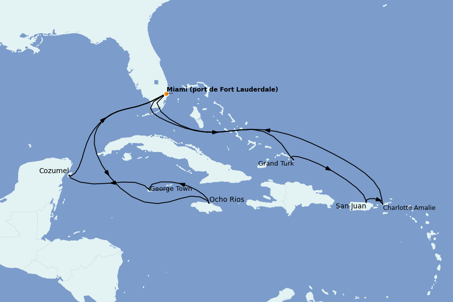 Itinéraire de la croisière Caraïbes de l'Est (Antilles) 14 jours à bord du Ms Nieuw Statendam