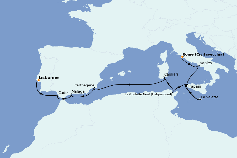 Itinerario del crucero Mediterráneo Occidental 14 días a bordo del Silver Dawn