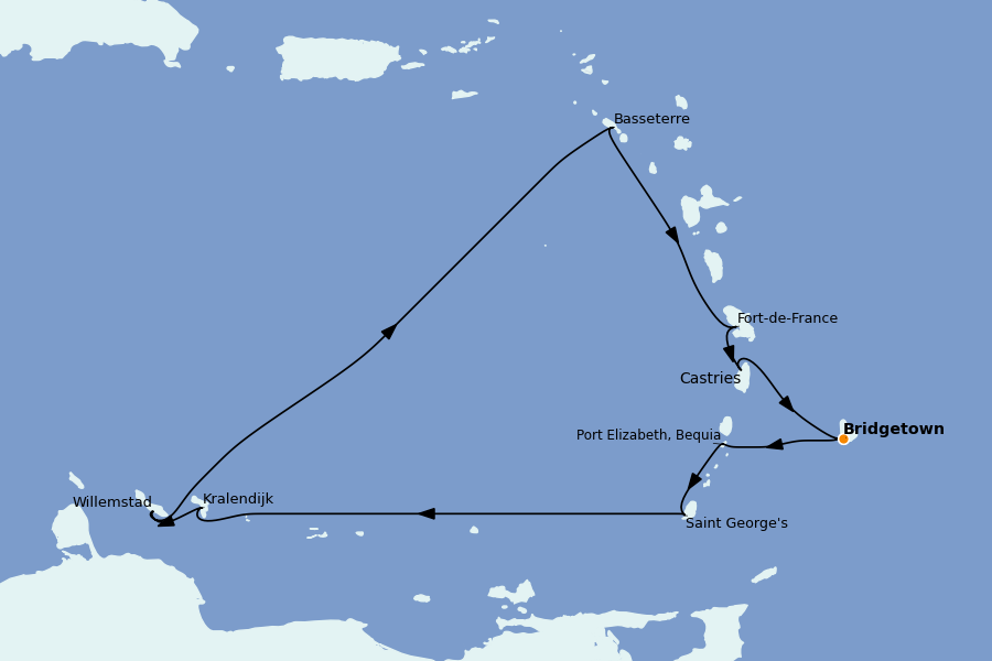 Itinéraire de la croisière Caraïbes de l'Est (Antilles) 10 jours à bord du Silver Spirit