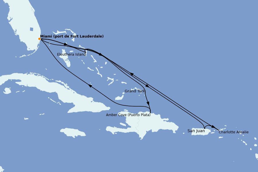Itinéraire de la croisière Caraïbes de l'Est (Antilles) 12 jours à bord du Majestic Princess