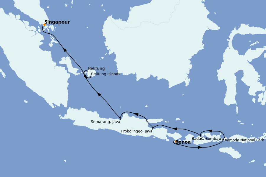Itinéraire de la croisière Thaïlande, (Bali) Indonésie, Malaisie, Singapour, Vietnam, Birmanie, Philippines 12 jours à bord du Le Soléal