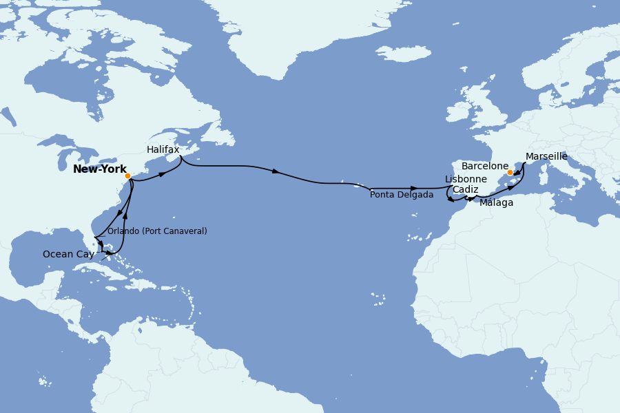Itinerario del crucero Mediterráneo Occidental 23 días a bordo del MSC Meraviglia