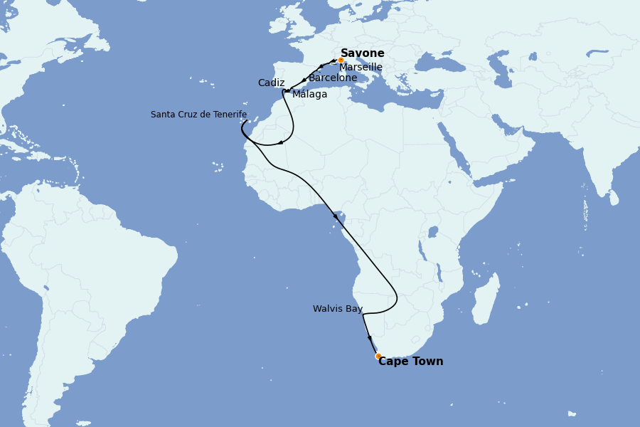 Itinerario del crucero Mediterráneo 20 días a bordo del Costa Toscana