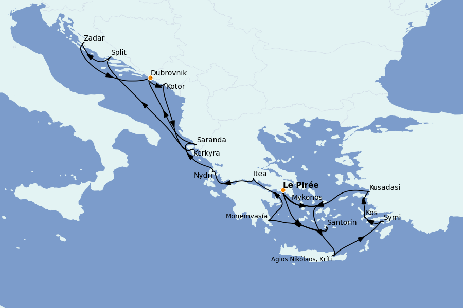 Itinéraire de la croisière Îles Grecques, Adriatique et Turquie - Méditerranée Orientale 21 jours à bord du Seabourn Quest