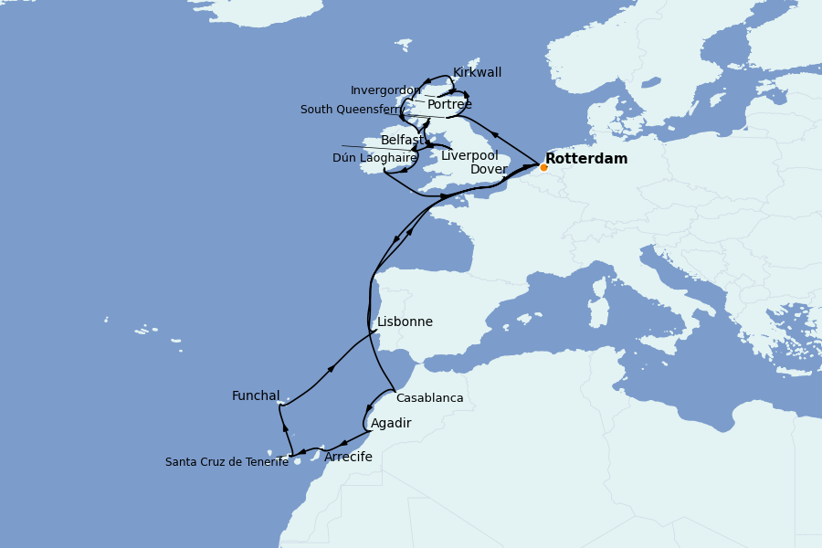 Itinerario del crucero Mediterráneo Occidental 28 días a bordo del Ms Nieuw Statendam