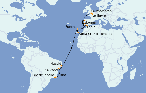 Itinerario del crucero Trasatlántico y Grande Viaje 2022 19 días a bordo del MSC Preziosa