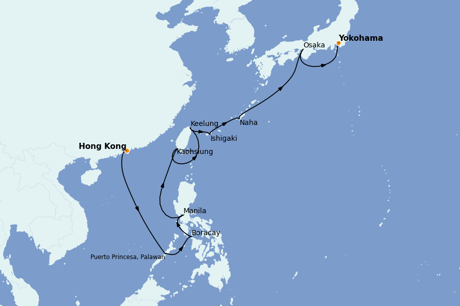 Itinéraire de la croisière Chine, Japon, Hong Kong, Taïwan, Corée du Sud 14 jours à bord du Ms Westerdam