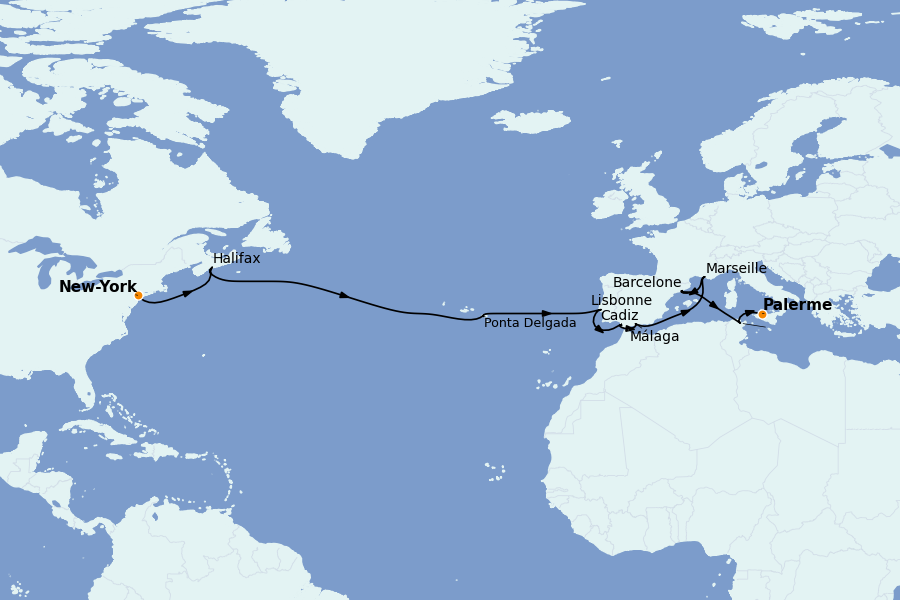 Itinéraire de la croisière TRANSATLANTIQUES ET GRANDS VOYAGES 19 jours à bord du MSC Meraviglia