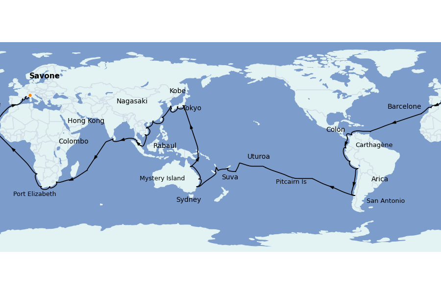 Itinerario del crucero VUELTA AL MUNDO 132 días a bordo del Costa Deliziosa