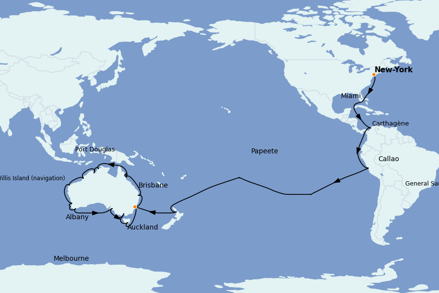 Itinéraire de la croisière TOUR DU MONDE 64 jours à bord du Crown Princess