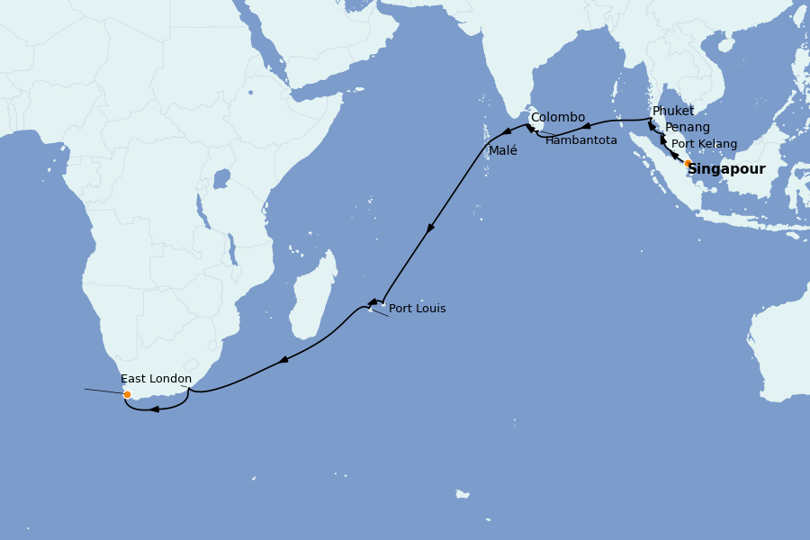 Itinerario del crucero Asia 22 días a bordo del Ms Volendam