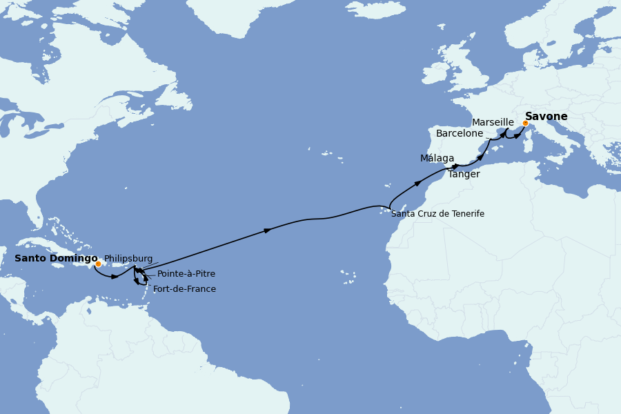 Itinéraire de la croisière TRANSATLANTIQUES ET GRANDS VOYAGES 20 jours à bord du Costa Favolosa