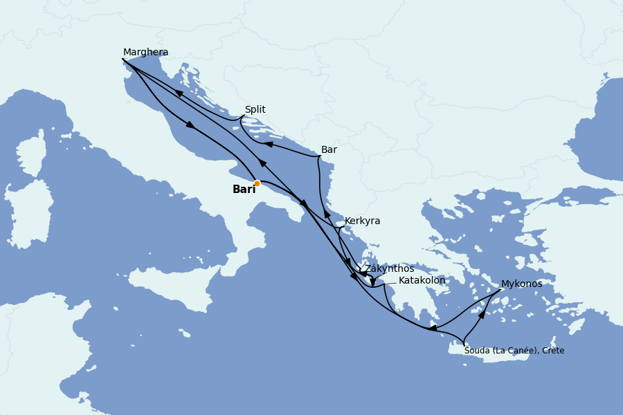 Itinerario del crucero Mediterráneo Occidental 14 días a bordo del Costa Deliziosa