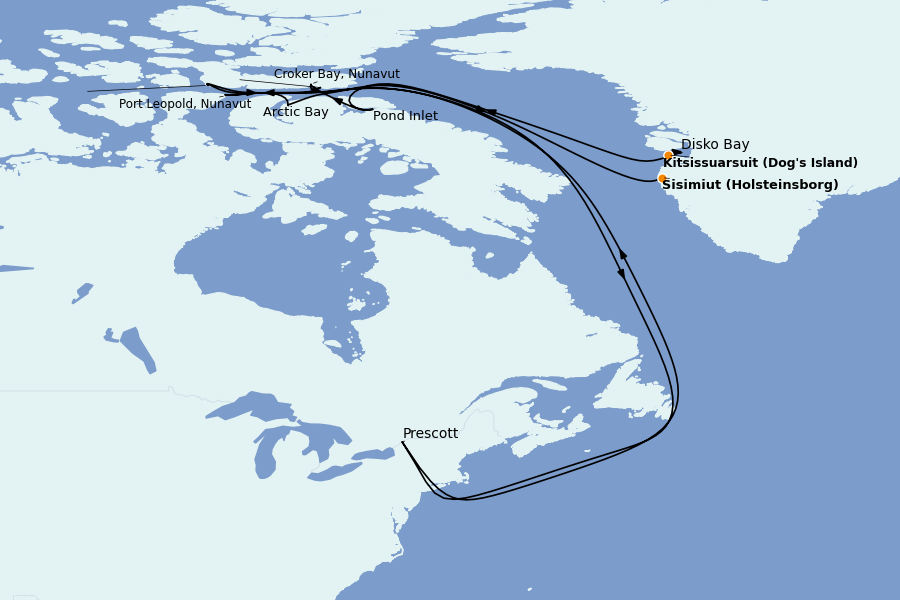 Itinéraire de la croisière Spitzberg, îles Féroé, Groenland, Islande 19 jours à bord du Le Boréal