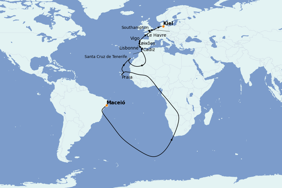 Itinerario del crucero TRASATLÁNTICOS 21 días a bordo del Costa Diadema