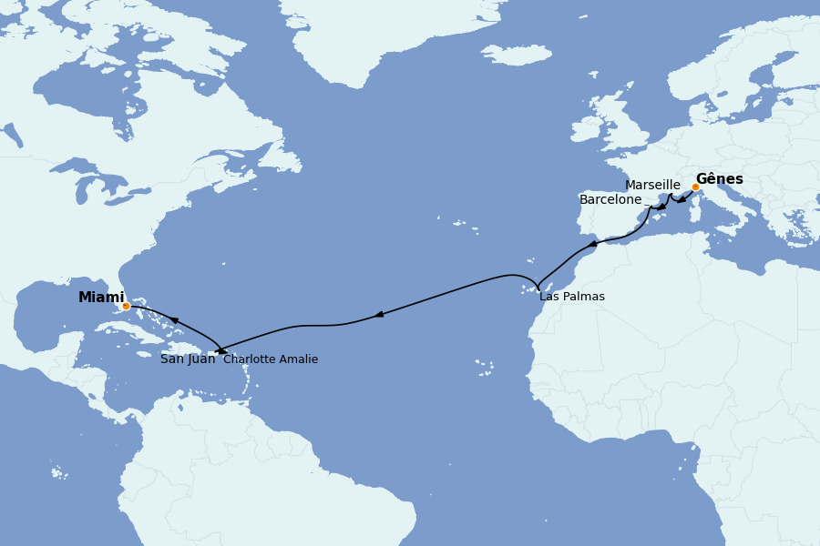 Itinerario del crucero TRASATLÁNTICOS 16 días a bordo del MSC Grandiosa