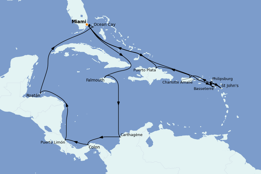Itinéraire de la croisière Caraïbes de l'Est (Antilles) 21 jours à bord du MSC Divina