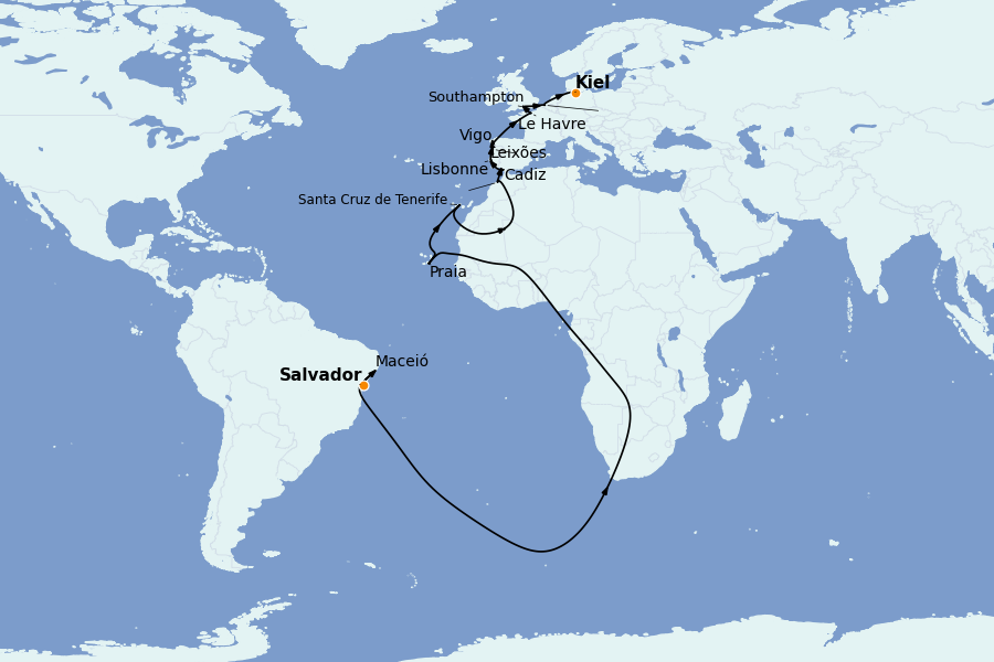 Itinéraire de la croisière TRANSATLANTIQUES ET GRANDS VOYAGES 22 jours à bord du Costa Diadema