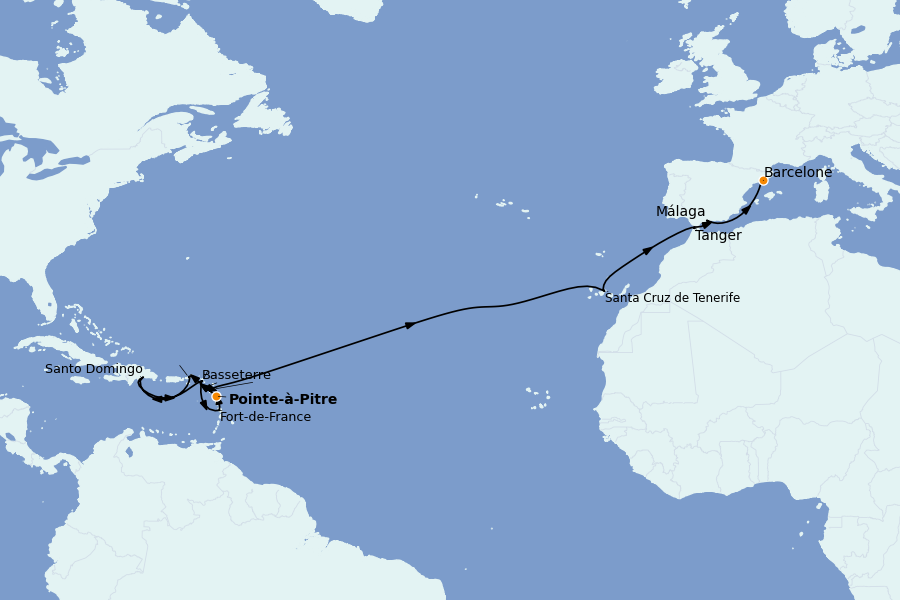 Itinerario del crucero TRASATLÁNTICOS 21 días a bordo del Costa Favolosa