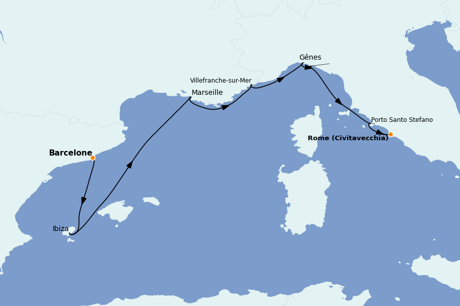 Itinéraire de la croisière Méditerranée Occidentale 7 jours à bord du Explora II