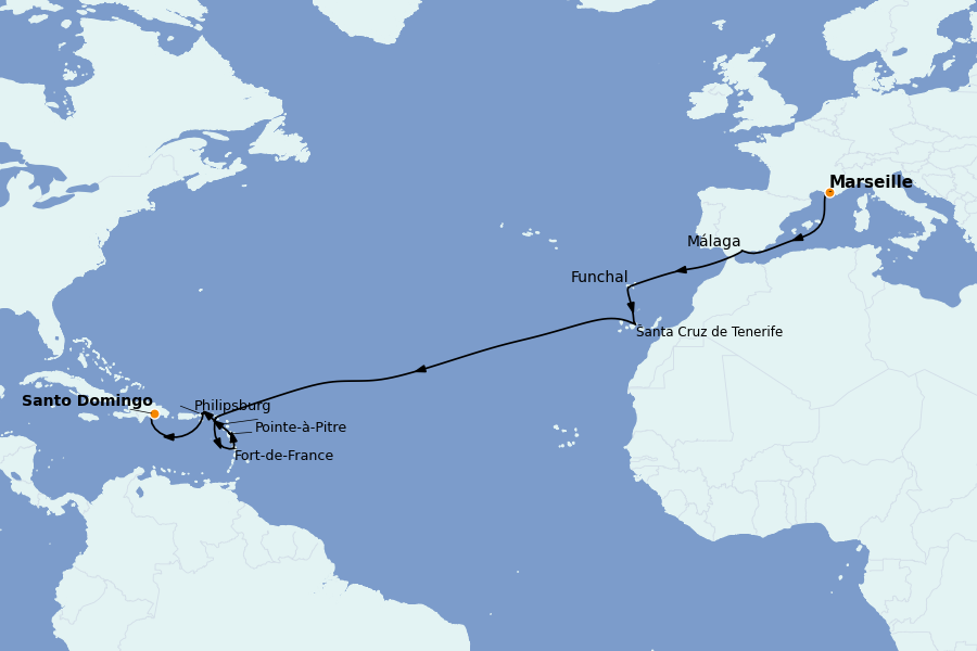 Itinéraire de la croisière TRANSATLANTIQUES ET GRANDS VOYAGES 17 jours à bord du Costa Fascinosa