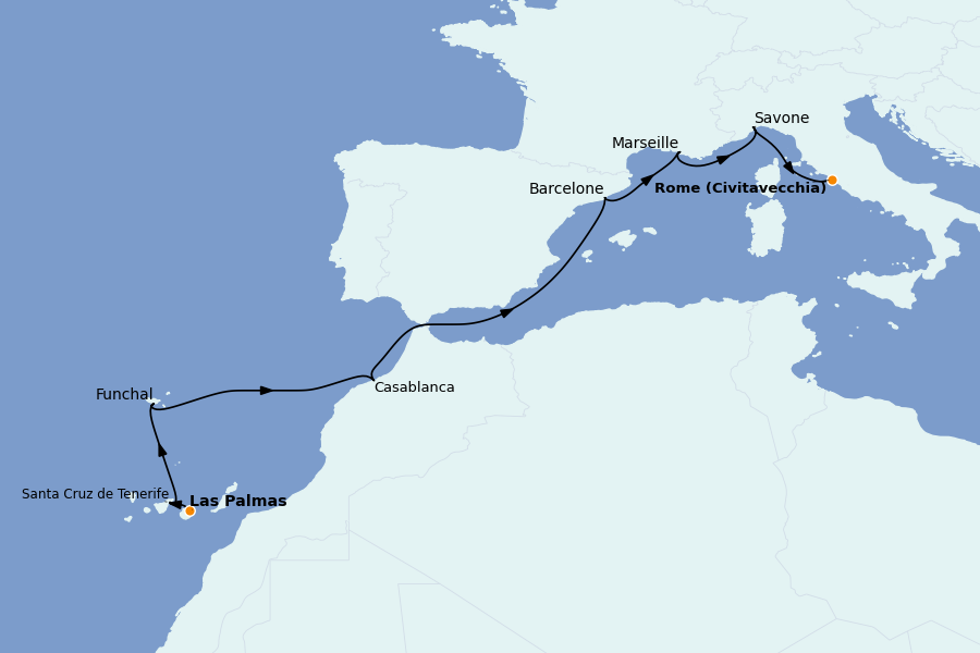 Itinerario del crucero Mediterráneo 9 días a bordo del Costa Fortuna