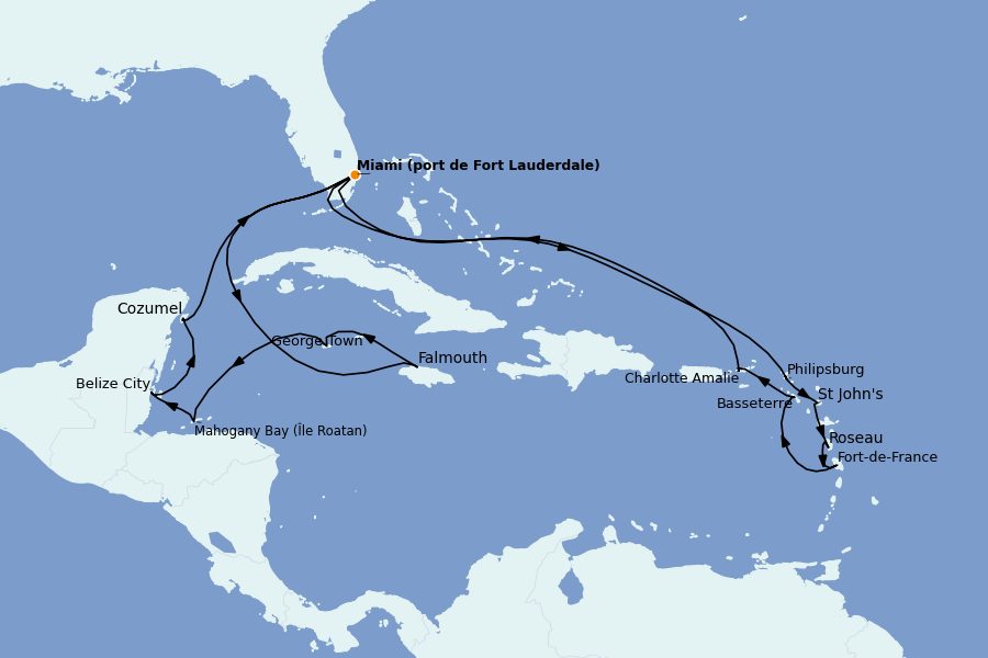 Itinéraire de la croisière Caraïbes de l'Est (Antilles) 21 jours à bord du Ms Rotterdam