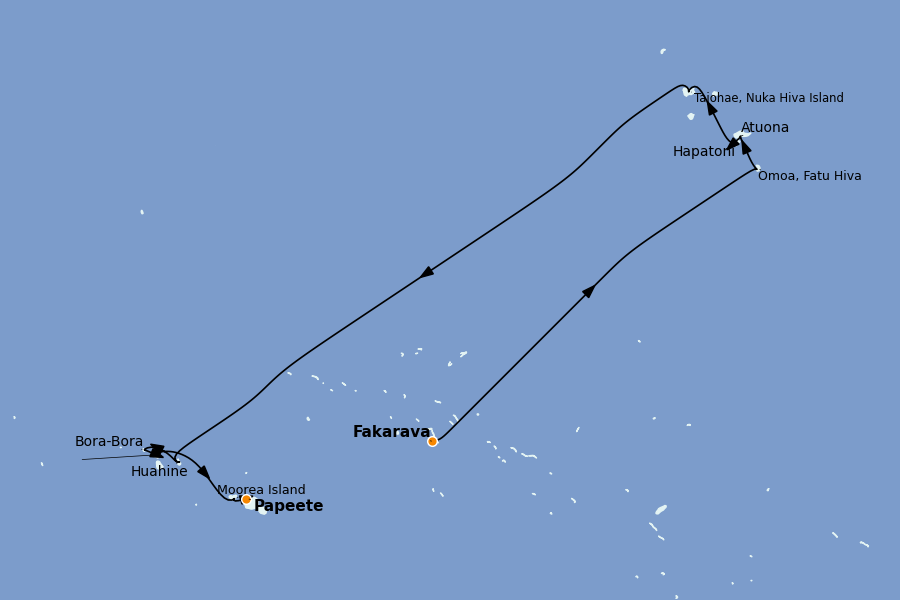 Itinéraire de la croisière Tahiti, Bora Bora, Cook Islands, Nouvelle-Calédonie, Fidji, Vanuatu, Samoa, Salomon 14 jours à bord du Paul Gauguin