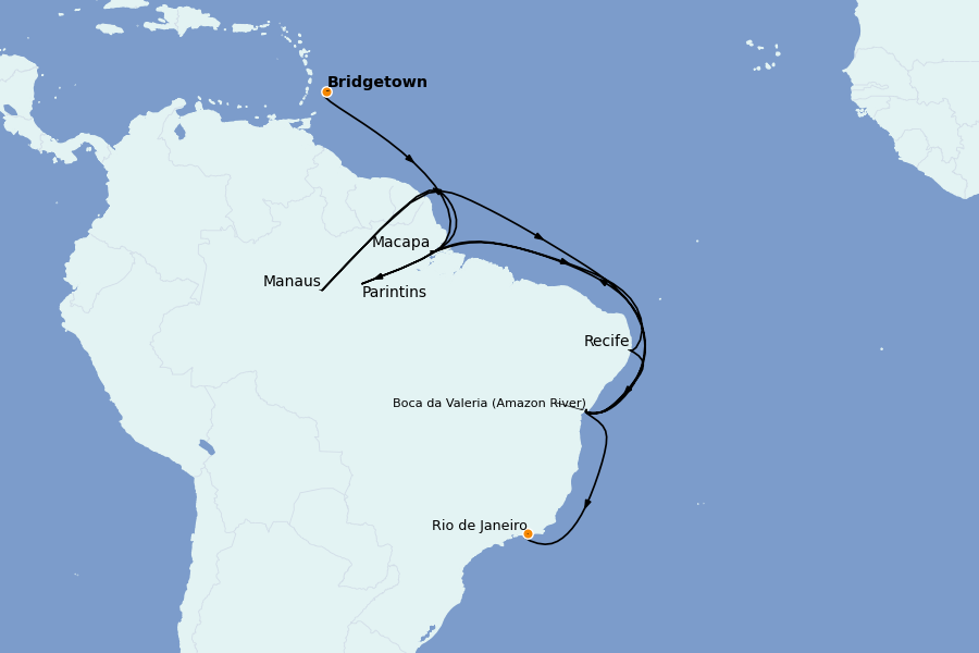 Itinéraire de la croisière Caraïbes de l'Est (Antilles) 20 jours à bord du Silver Nova
