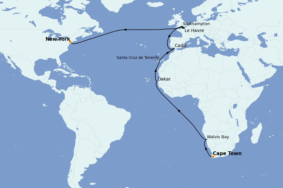 Itinerario del crucero Ciudad del Cabo 25 días a bordo del Queen Mary 2