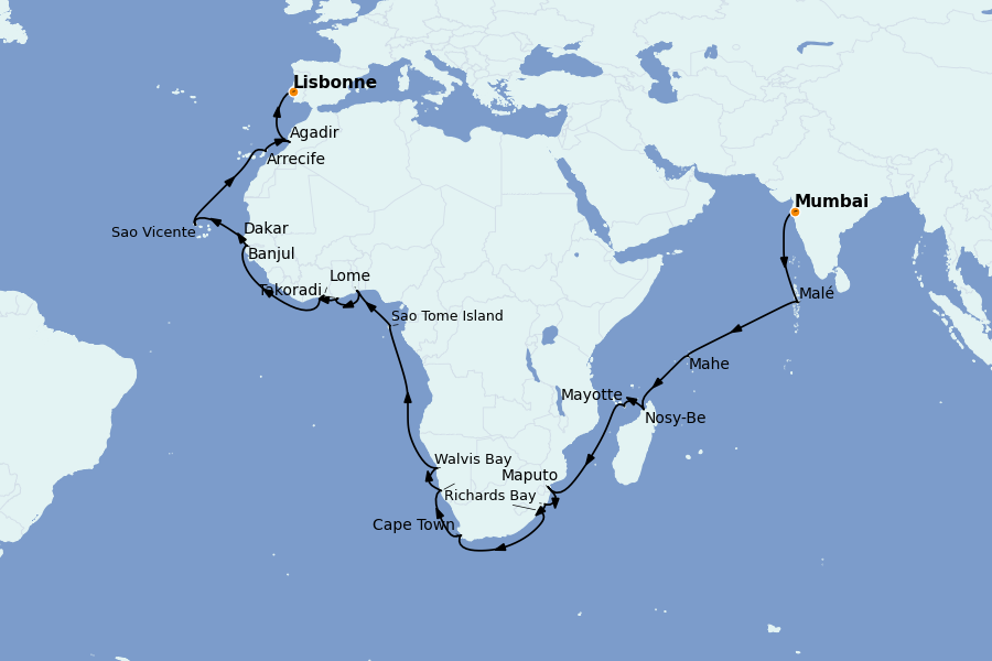 Itinerario del crucero África 44 días a bordo del Sirena