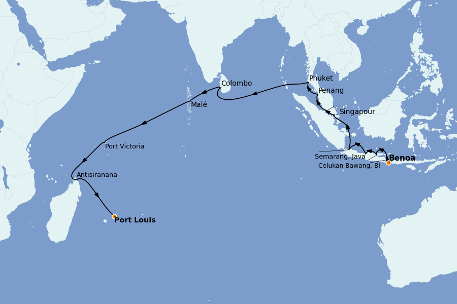 Itinerario del crucero Mauricio, Reunión, Seychelles, Madagascar 25 días a bordo del Seven Seas Mariner