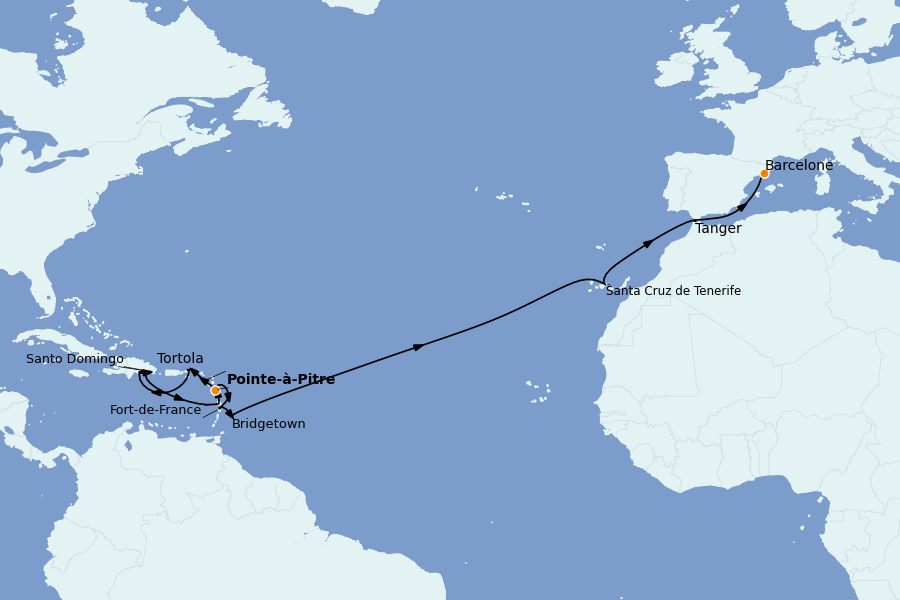 Itinéraire de la croisière TRANSATLANTIQUES ET GRANDS VOYAGES 20 jours à bord du Costa Fascinosa