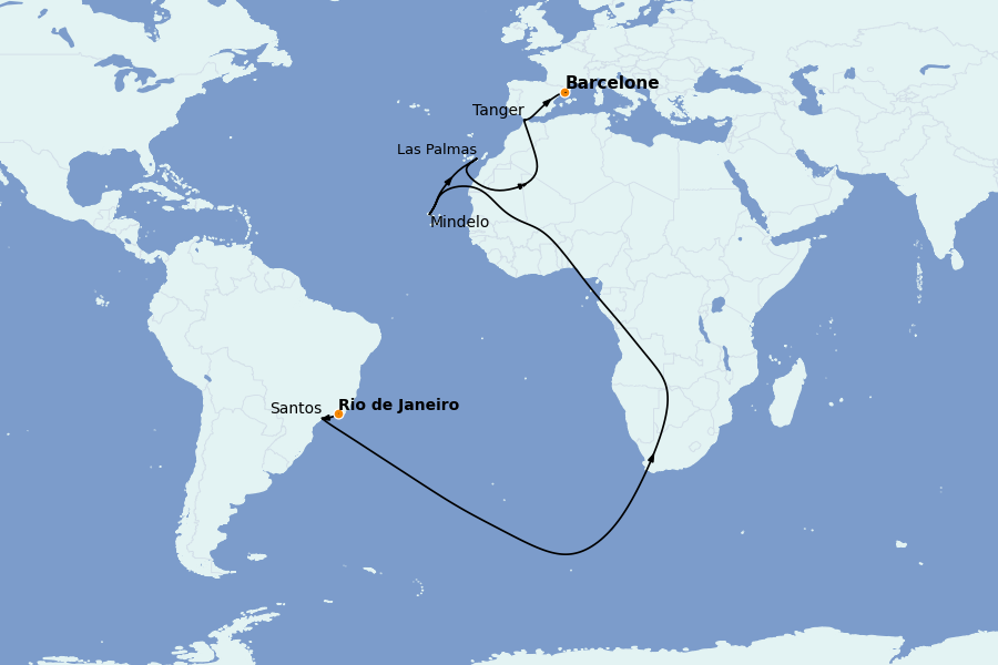 Itinerario del crucero Trasatlántico y Grande Viaje 2026 15 días a bordo del MSC Armonia
