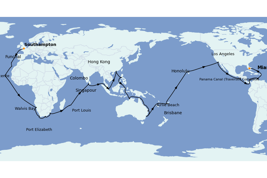 Itinéraire de la croisière Méditerranée Occidentale 98 jours à bord du Queen Anne
