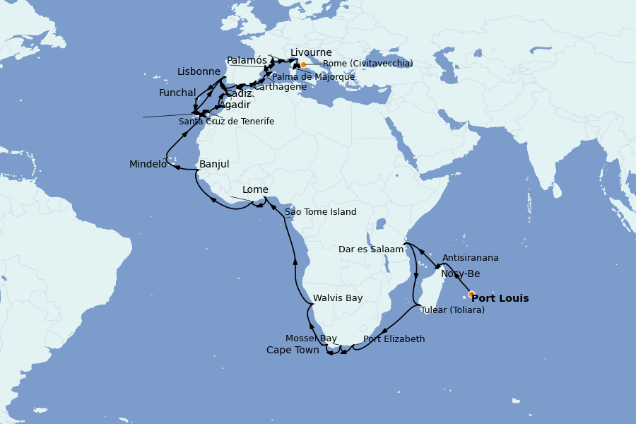 Itinerario del crucero Mediterráneo 64 días a bordo del Seven Seas Voyager
