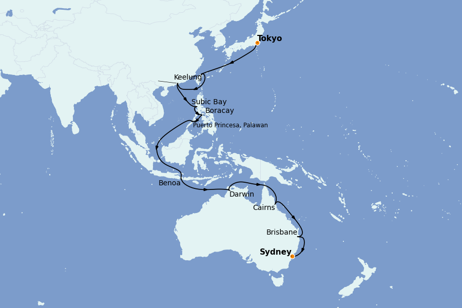 Itinéraire de la croisière TOUR DU MONDE 25 jours à bord du Costa Serena