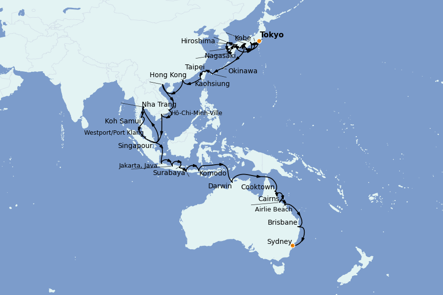 Itinéraire de la croisière Chine, Japon, Hong Kong, Taïwan, Corée du Sud 60 jours à bord du Seven Seas Explorer
