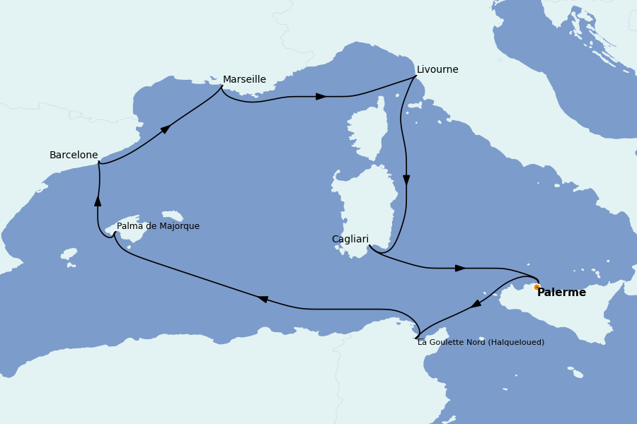 Itinerario del crucero Mediterráneo Occidental 8 días a bordo del MSC Splendida