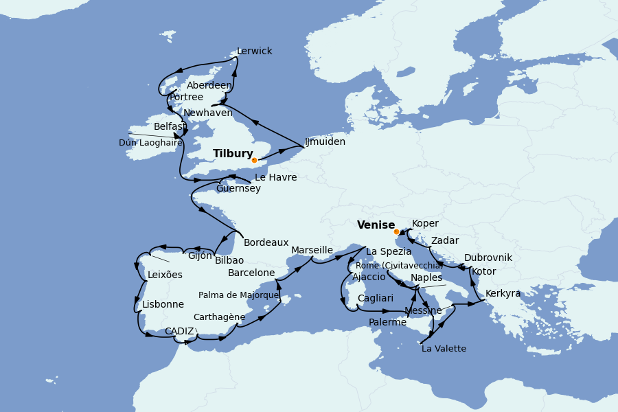Itinerario del crucero Mediterráneo Occidental 42 días a bordo del Insignia