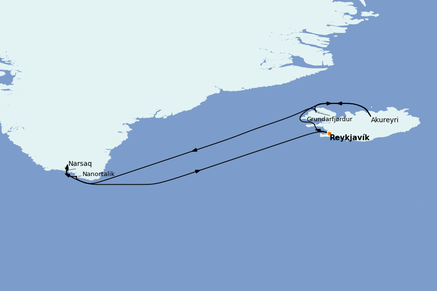 Itinéraire de la croisière Spitzberg, îles Féroé, Groenland, Islande 10 jours à bord du Marina