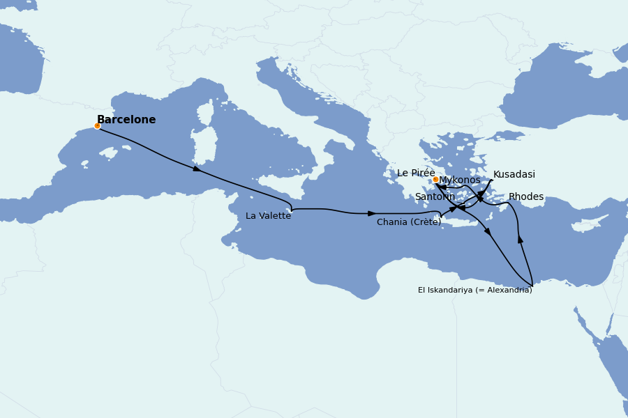 Itinéraire de la croisière Méditerranée Occidentale 14 jours à bord du Ms Oosterdam