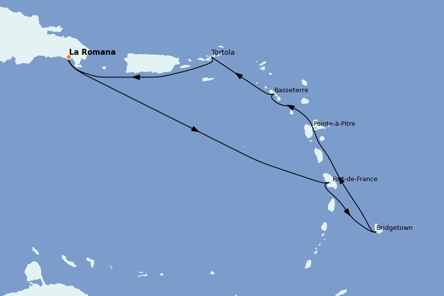 Itinéraire de la croisière Caraïbes de l'Est (Antilles) 7 jours à bord du Costa Fascinosa
