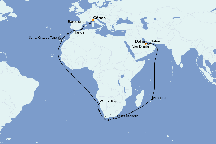 Itinerario del crucero Mediterráneo Occidental 36 días a bordo del Costa Smeralda